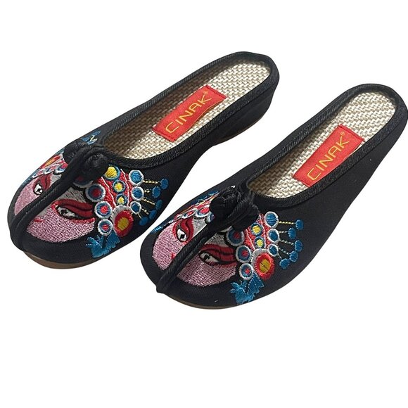 Backless Artistic Stitching Embroidered Owl Ethnic Slip-on Boho Flat Slippers - Picture 2 of 7